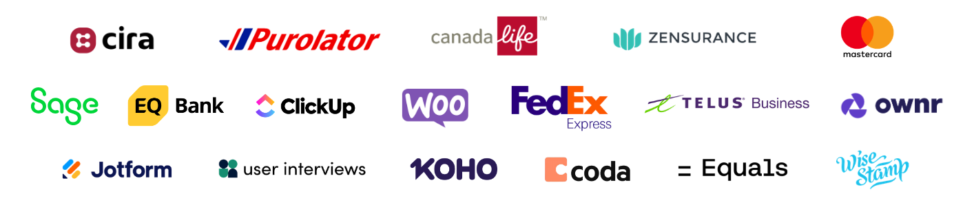 Brands Danielle has worked with — including CIRA, Purolator, Canada Life, Zensurance, Mastercard, Sage, EQ Bank, ClickUp, WooCommerce, FedEx, TELUS Business, ownr, Jotform, User Interviews, KOHO, Coda, Equals, and WiseStamp